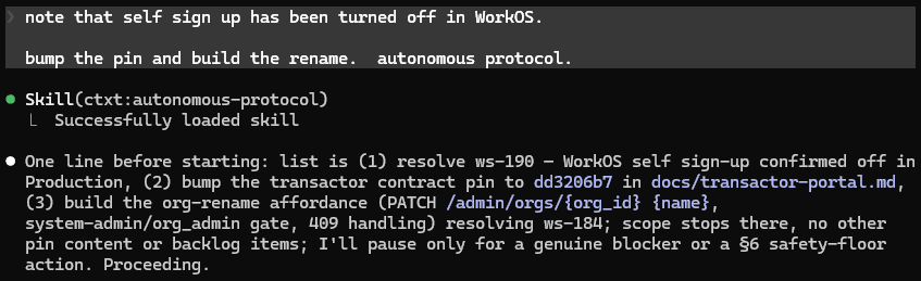 Terminal output of the autonomous-protocol skill loading, listing the one-line plan for the remaining worklist, then proceeding straight into it without pausing.