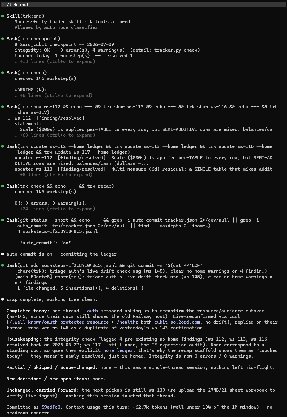 Terminal output of /trk end: the full wrap-up sequence -- checkpoint, integrity check, ledger commit, and a closing recap of the session.