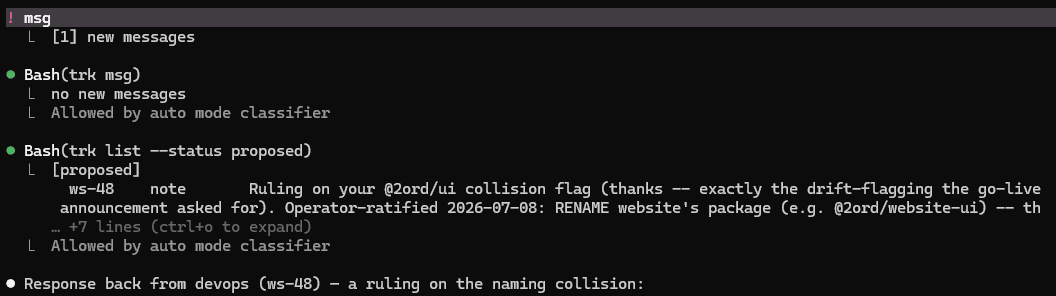 Terminal output of a mailbox receive: an incoming peer message is filed into the ledger as a proposed workstep, shown via a status listing.