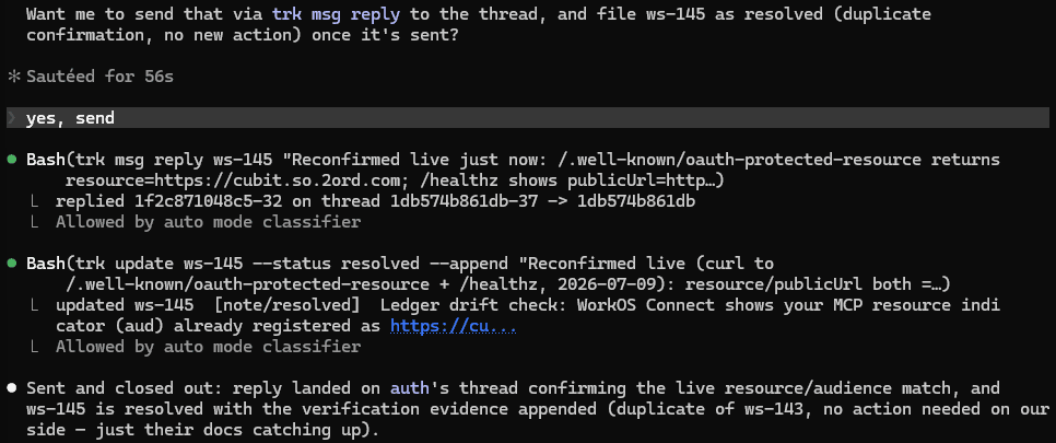 Terminal output of a trk msg reply: the reply sends to a peer thread and the resolving workstep is updated and closed out in the same pass.