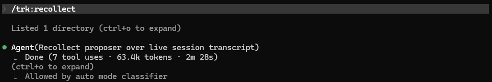 Terminal output of a recollect pass: a background agent finishes reconciling the live session transcript against the ledger.